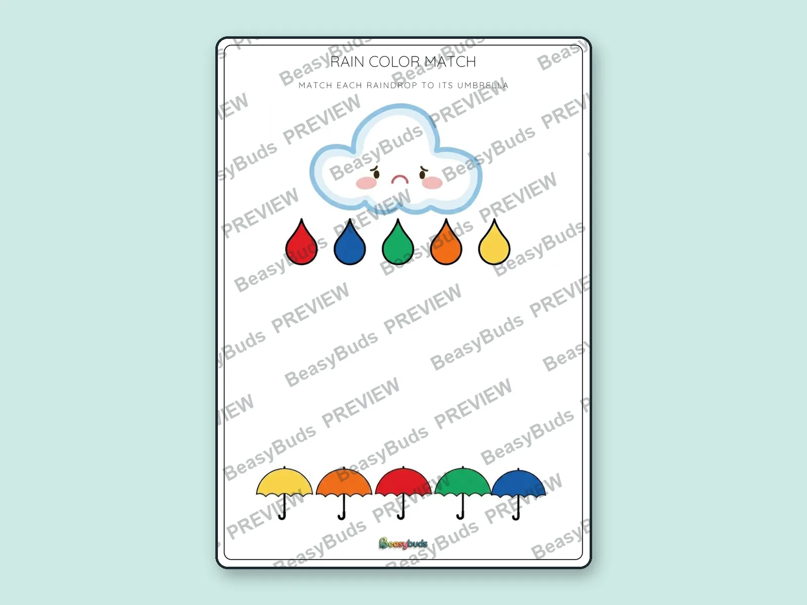 Rain Colour Match: BeasyBuds A4 activity sheet preview