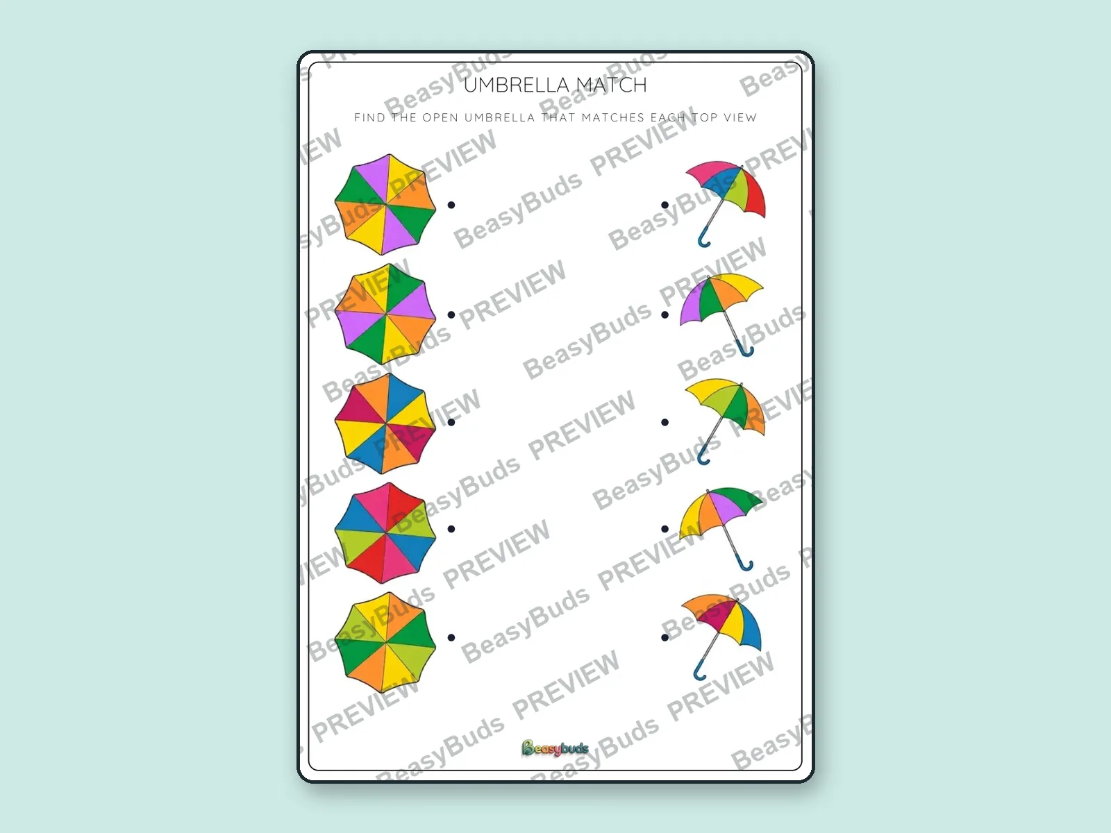 Umbrella Match: BeasyBuds A4 activity sheet preview